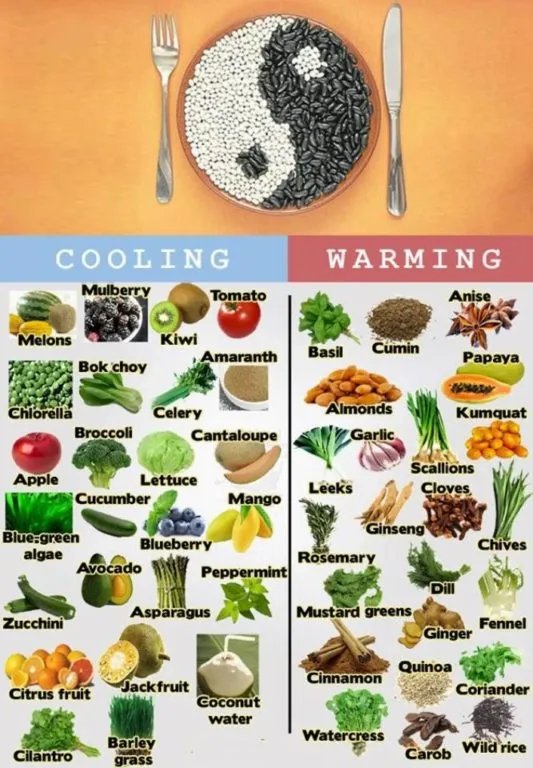 Cooling and warming foods chart — yin yang balance in Chinese medicine diet