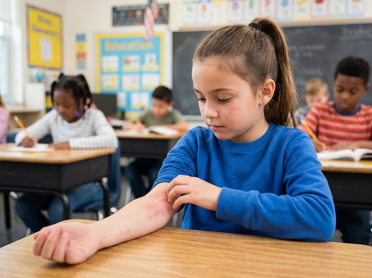A schoolgirl in uniform scratching an eczema patch in the crook of her elbow while seated at her desk.