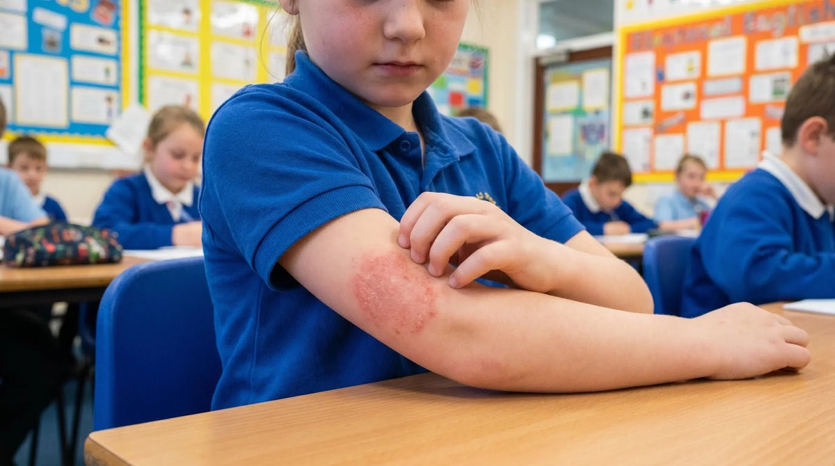 A young girl at her school desk scratching a red, cracked patch of eczema on her forearm.